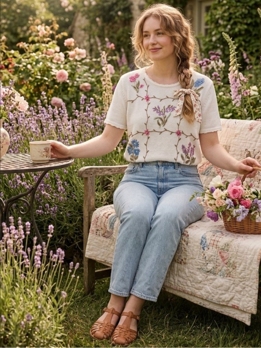Vintage Cottagecore Cotton Raime Cream Floral Embroidered Short-Sleeve Knit Top